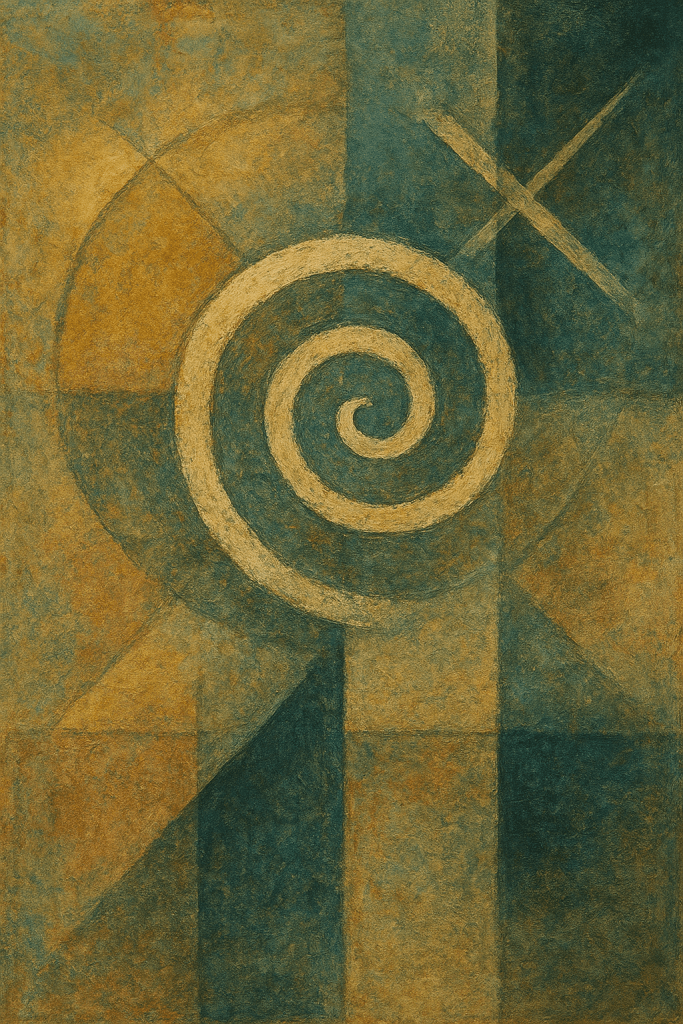 Abstract artwork featuring a spiral design in cream against a textured background of earthy tones and geometric shapes.