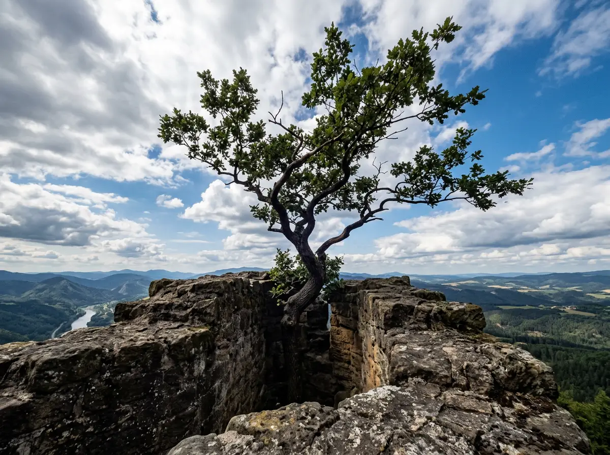 Tree growing through stone ruins on a hill with mountains in background